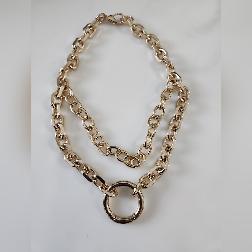 Express gold tone large link layer necklace with circle drop